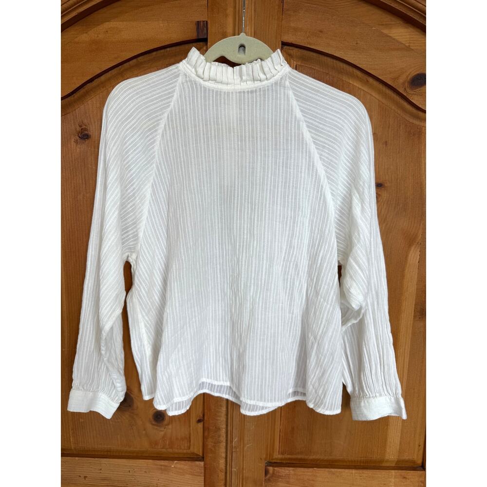 Vanessa Bruno Ruffle Mock Neck Flowy Cotton Blouse Top, Off-White Ivory, Medium